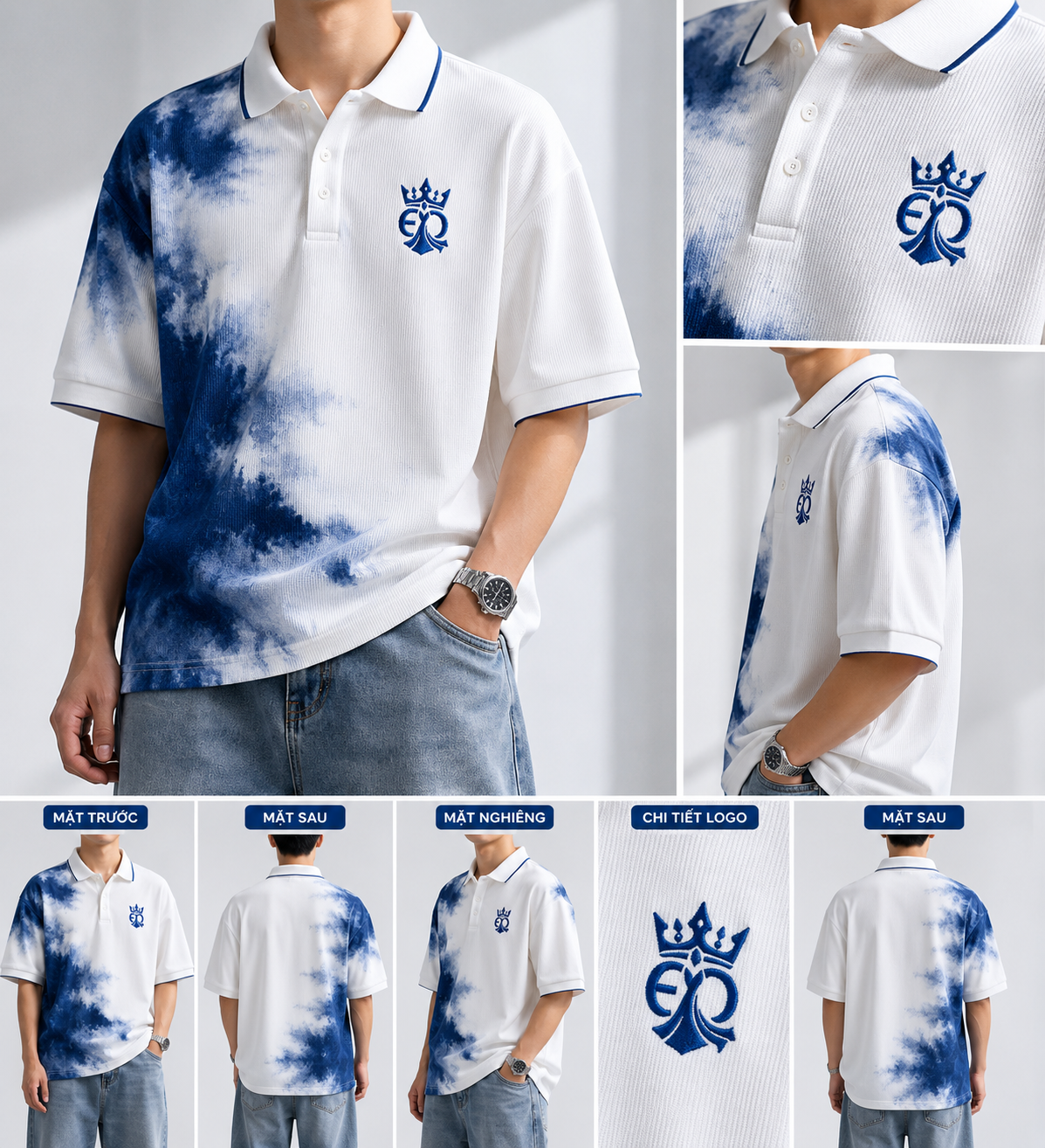 detail ao polo xanh trang